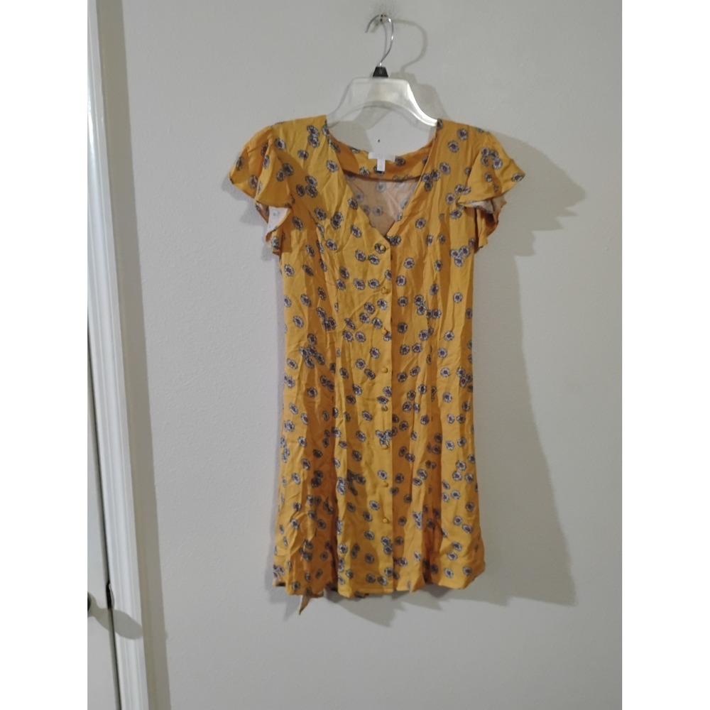 Abound Yellow Floral Daisy Button Front Mini Dress Flutter Sleeve Size M